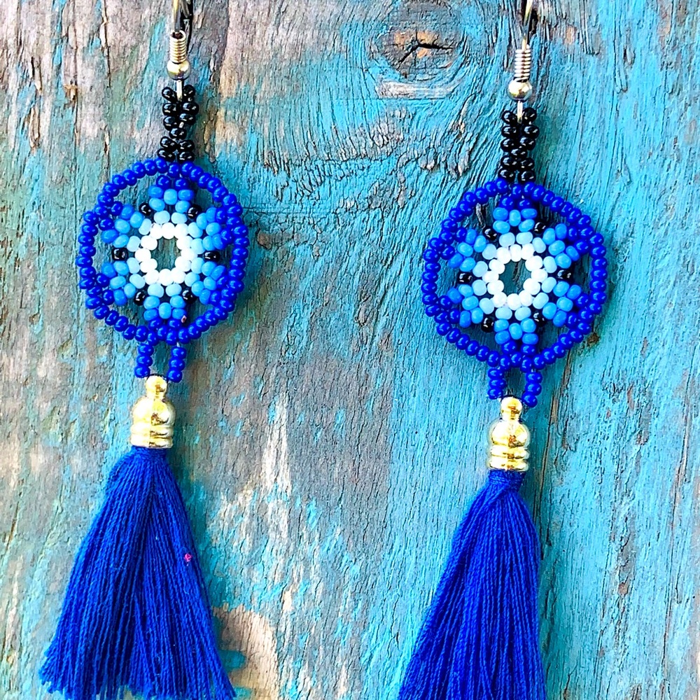 Huichol Mexican Native Earrings Dream Catcher